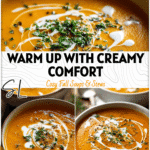A bowl of creamy butternut soup garnished with herbs and drizzled cream for a cozy presentation.
